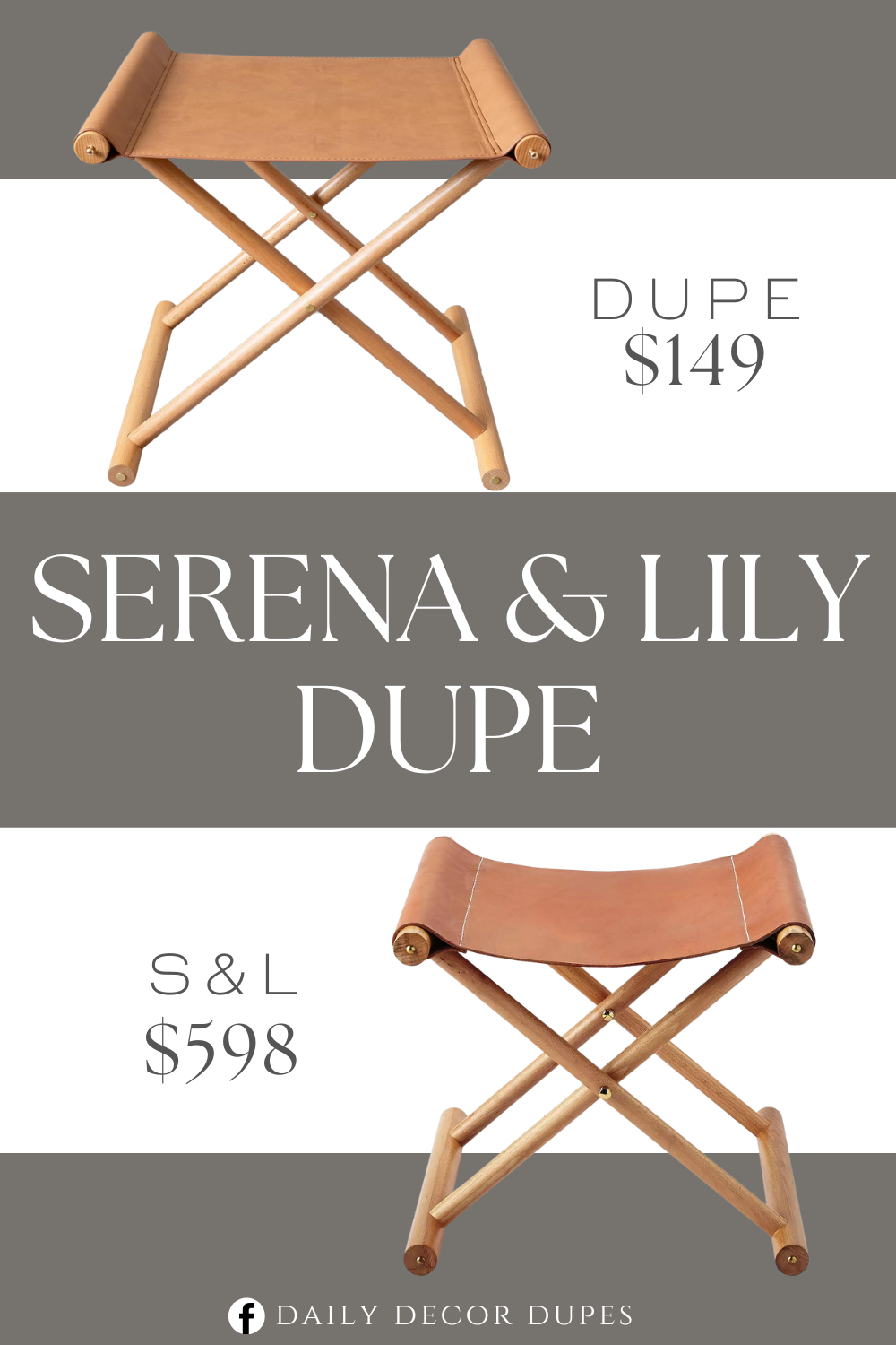 Serena & Lily Cooper Leather Stool Dupe. Solid beech frame, X-base foldable design with removable belt decoratives. Beech Wood Frame Material. Rectangular Shape. Vegan Leather Seat material type.