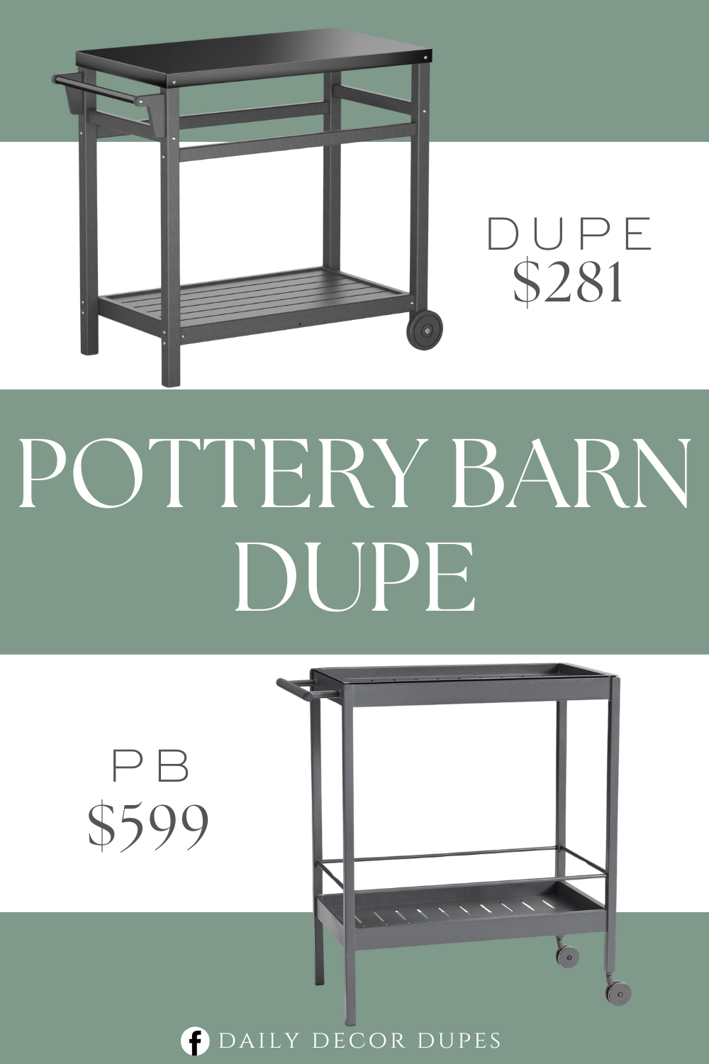 Pottery Barn Indio Metal Outdoor Bar Cart Dupe. Outdoor Steel Movable Dining Table Cart with Dark Gray Tabletop.