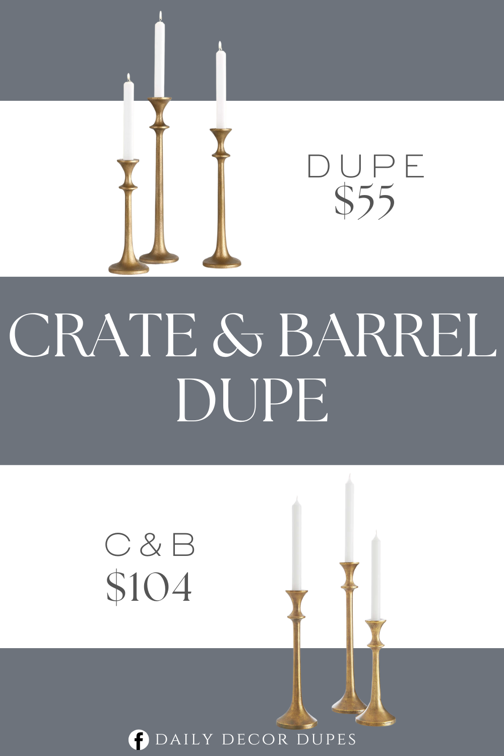 Crate & Barrel Emmett Antique Brass Taper Candle Holders Dupe. Rustic texture and a golden antique brass finish give these classically shaped candle holders their vintage vibe. The set of three candle holders includes small, medium and tall sizes.