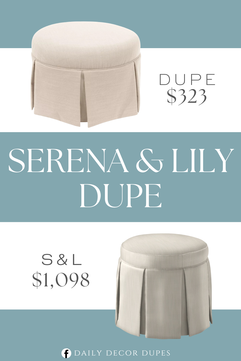 Serena & Lily Harrison Round Stool - Skirted Dupe. Round ottoman Sturdy frame. Richly textured upholstery. Box pleated skirt. Piped trim.