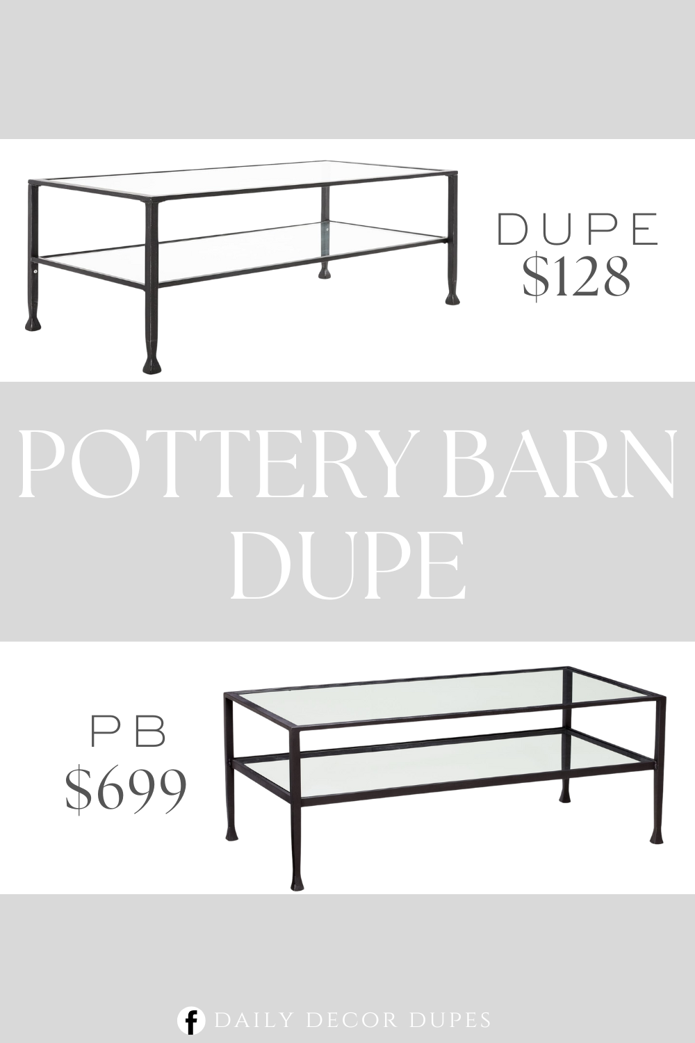 Pottery Barn Tanner Rectangular Coffee Table Dupe. Glass and metal coffee table brings contemporary style to your home. Sturdy metal frame is lightly distressed for a rustic farmhouse look.