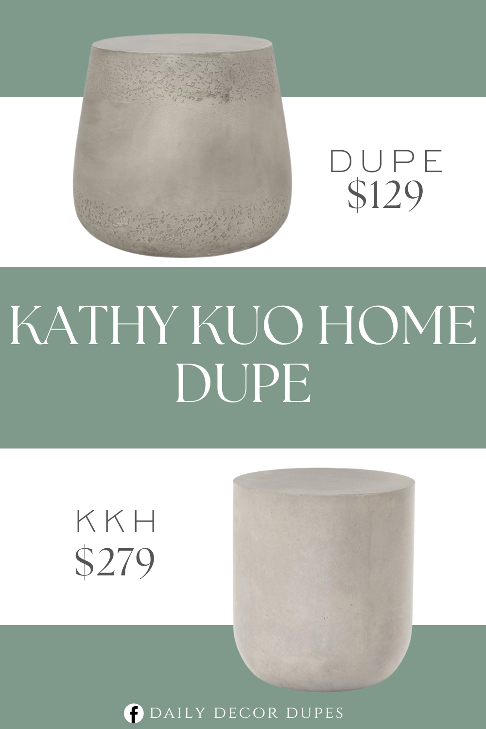 Kathy Kuo Home Concrete Outdoor Round Drum End Table Dupe. This table features a drum shape that showcases a cylindrical structure with a subtle bulb bottom.