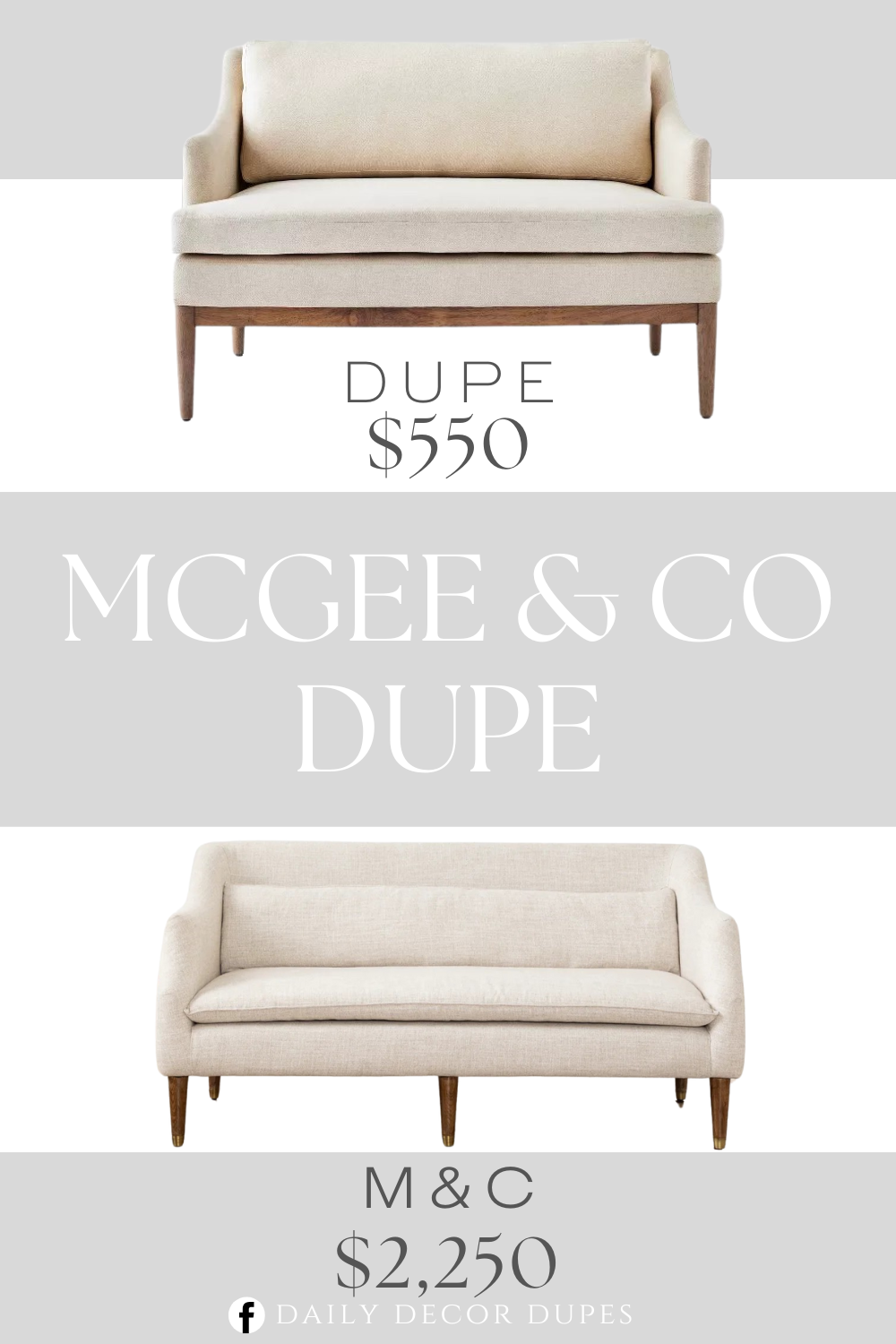 McGee & Co Daxton Settee Sofa Dupe. Upholstered loveseat makes a comfy addition to your seating arrangement. Cream upholstery goes great with the natural wooden base. Curved sides lend modern flair.