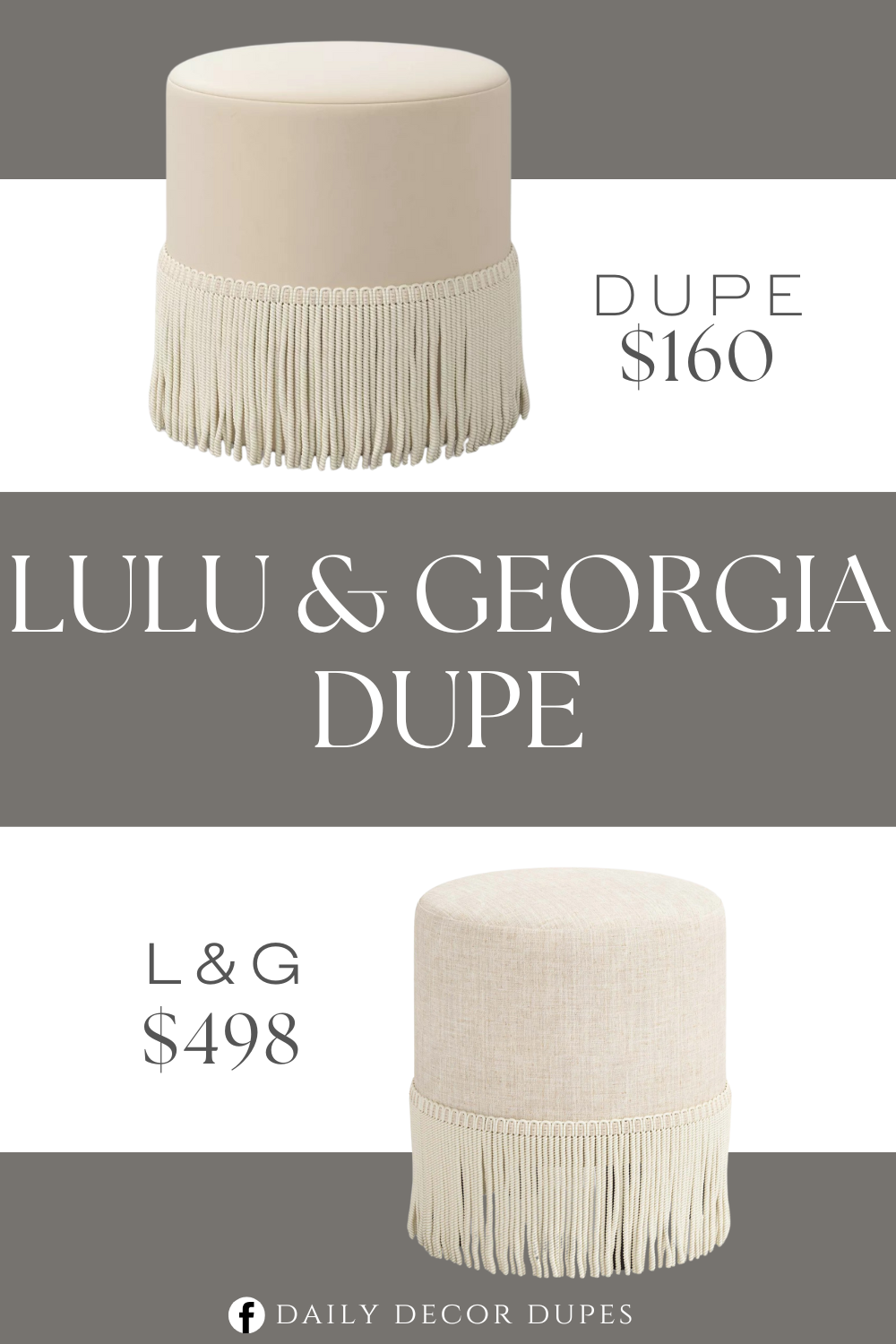 Lulu & Georgia Alair Round Ottoman Dupe. Velvet drum ottoman with fringes Wooden frame. Polyester fabric velvet upholstery in a solid hue.