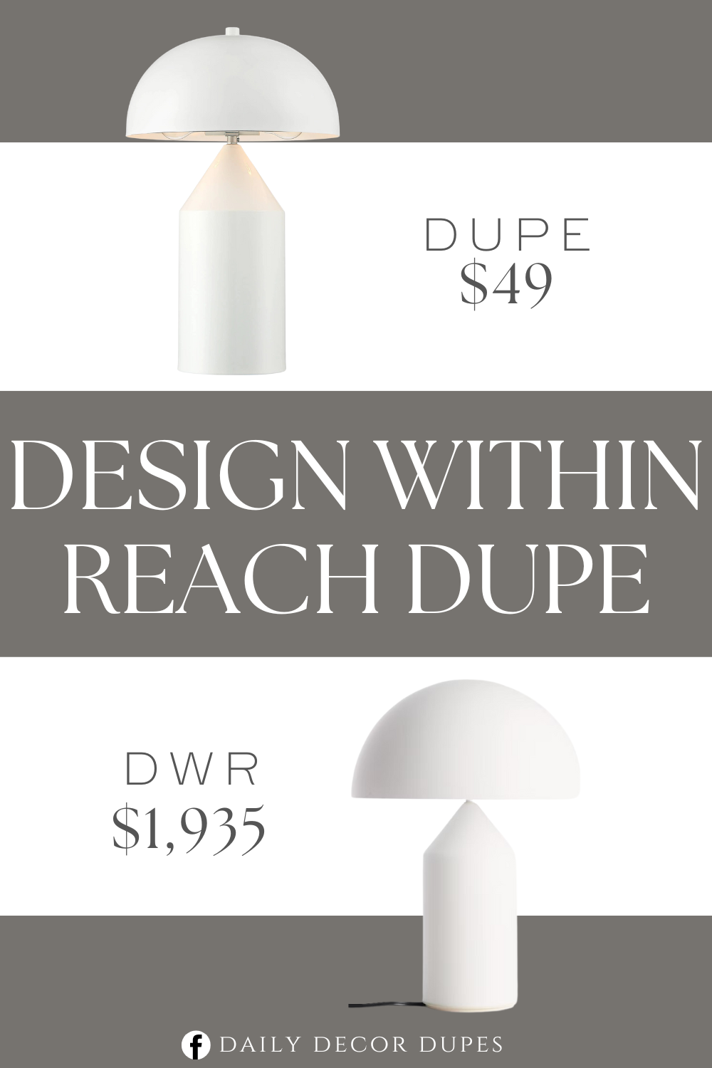 Design within Reach Atollo Table Lamp Dupe. White finish bases with a geometric profile. Metal construction. Mushroom, dome-shaped metal shades.