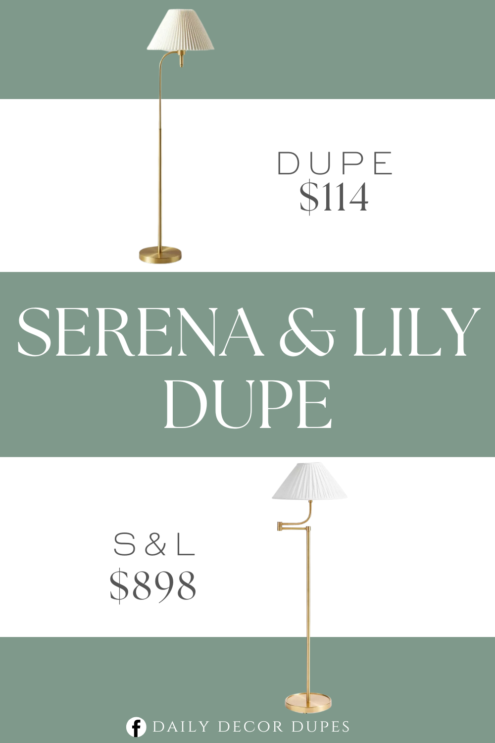 Serena & Lily Marseille Floor Lamp Dupe. This floor lamp showcases a curved brass body with a pedestal base, and it also features a cream knife-pleated empire shade for a blend of modern and classic style.