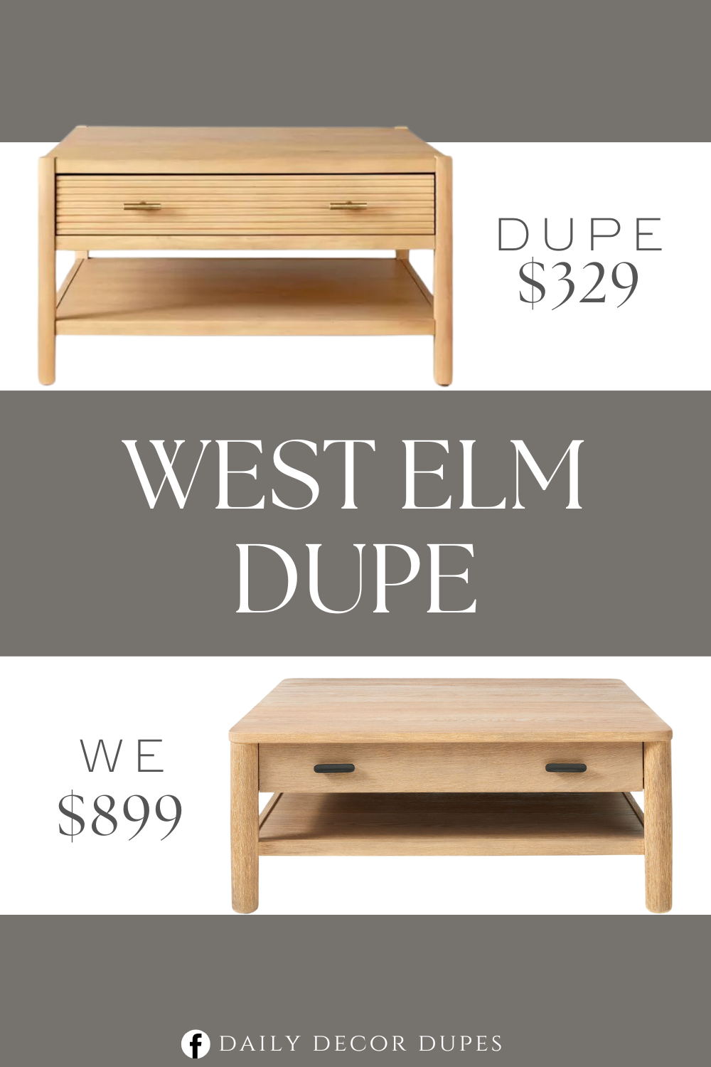 West Elm Hargrove Square Coffee Table Dupe. Natural wood material. Stained metal hardware Square legs. Built-in drawers.