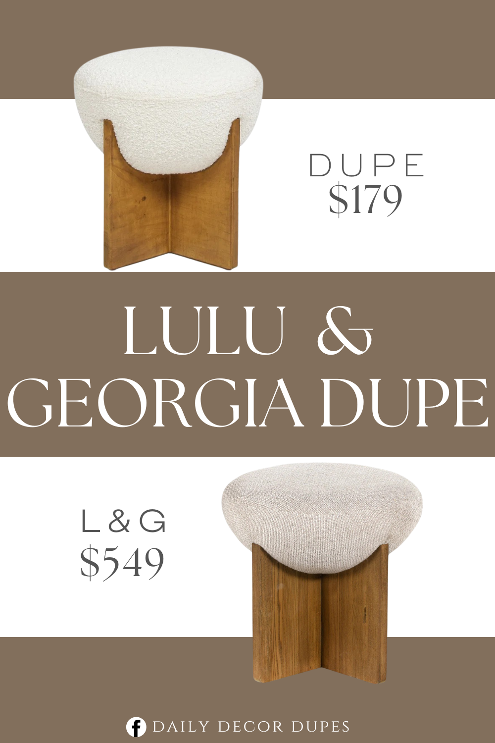 Lulu & Georgia Yurewn Round Ottoman Dupe. Featuring a natural wood base that exudes Scandinavian and Sharita elegance. Wrapped in sumptuous boucle fabric, this ottoman offers a soft and inviting texture that adds warmth to any space.