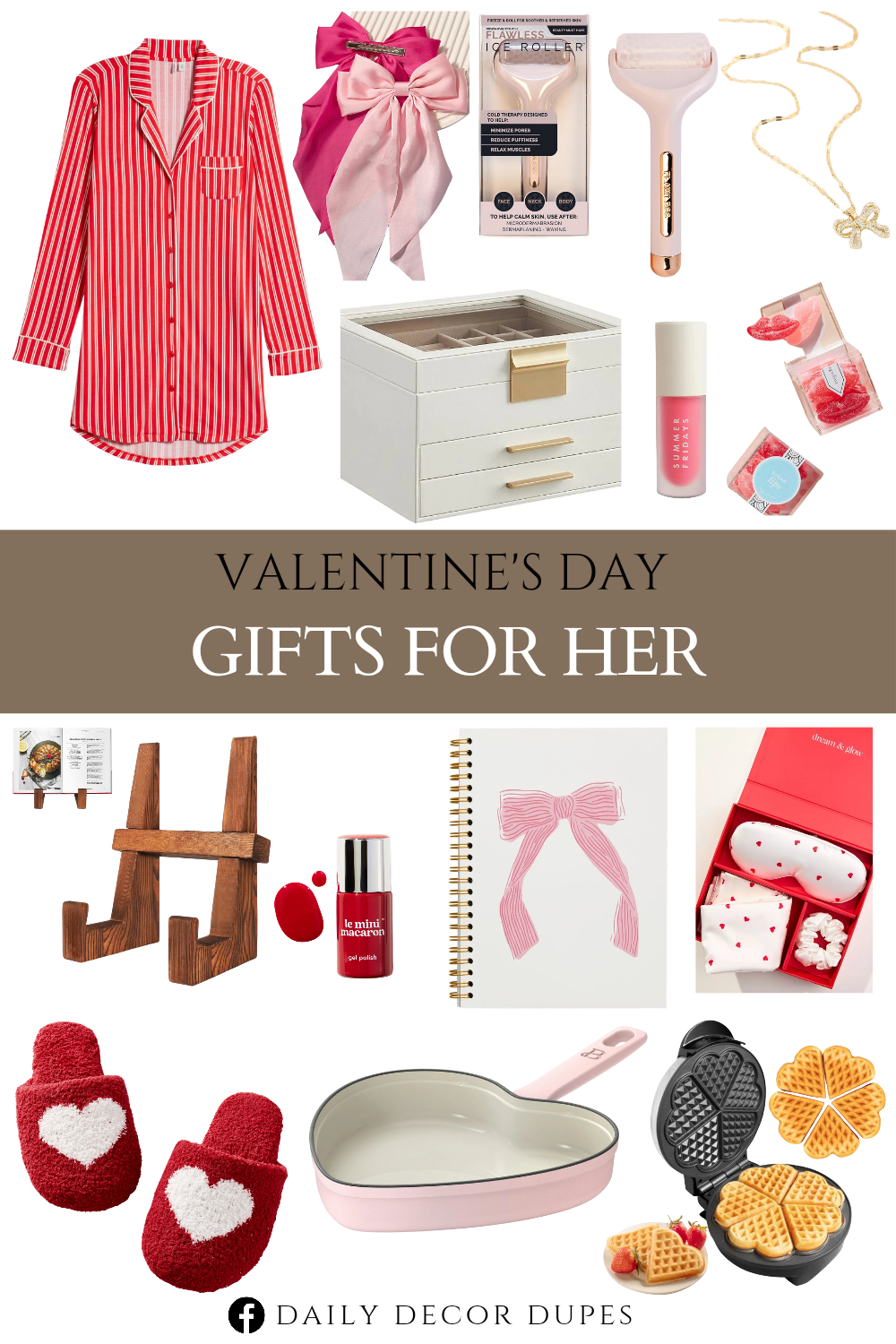 Valentine's Day Gifts for Her. Sugarfina Sugar Lips Candy Cubes, Set of 4. Le Mini Macaron Gel Polish. Silver Cloud Heart Print Satin Gift Set. Coquette Pink Bow Notebook Journals. Enameled Cast Iron Heart Skillet. Tinted Lip Oil with Moisturizing Sheer Coverage. Flawless Facial Massage Ice Roller. Moonlight Eco Nightshirt. Gold/Silver Necklace For Women. Valentine's Day Heart Waffle Maker. Cookbook Stand for Kitchen. Furling Pompoms Hair Bows Clip. Heart Jacquard Slippers. Jewelry Box with Glass Lid.