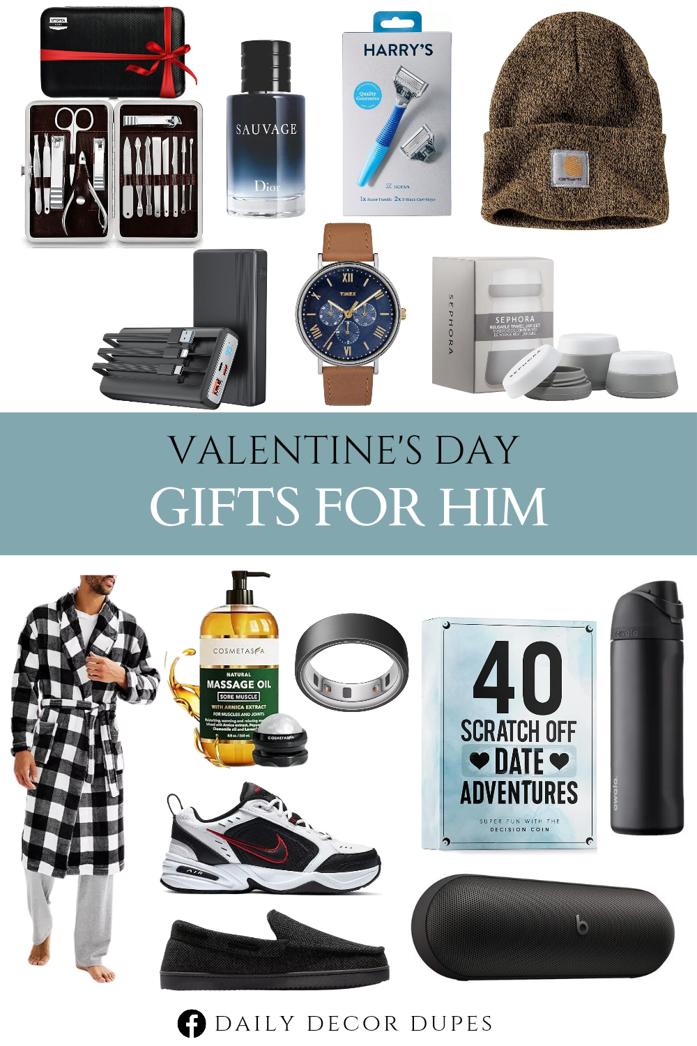 Valentine's Day Gifts for Him. Wireless Bluetooth Portable Speaker. Stainless Steel Water Bottle. Men's Knit Cuffed Beanie. 40 Fun and Romantic Scratch Off Date Adventure Ideas. Massage Oil for Sore Muscles with Roller Ball. Reusable Travel Jar Set. Nike Air Monarch IV Men's Cross. Men's Sonoma Goods For Life® Plush Robe. Portable Phone Charger 20000mAh. Oura Ring 4. 5-Blade Men's Razor. Southview Watch with Leather Strap. Men's Herringbone Moc Slippers.