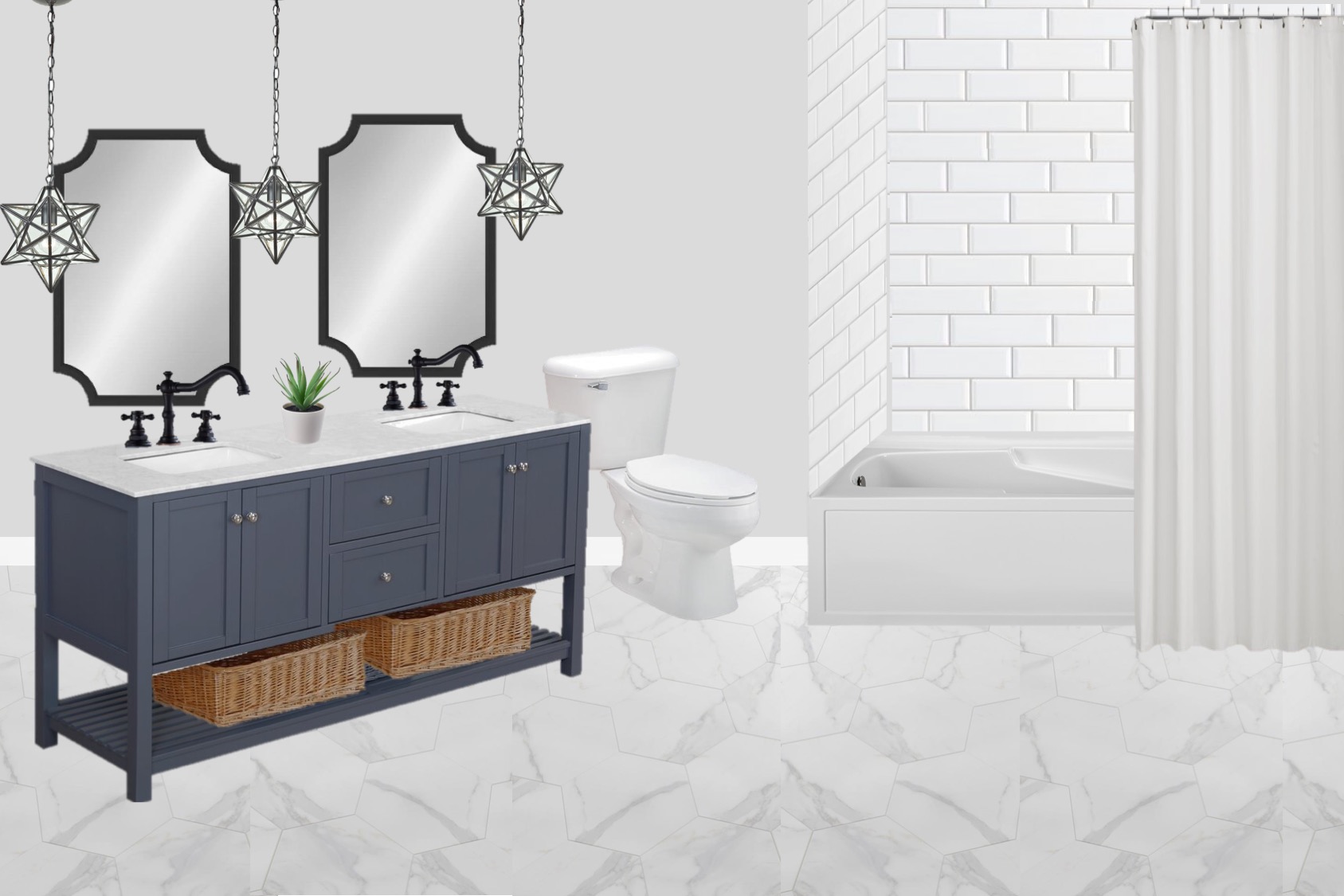 modern farmhouse bathroom with white subway marble hexagon floor tiles