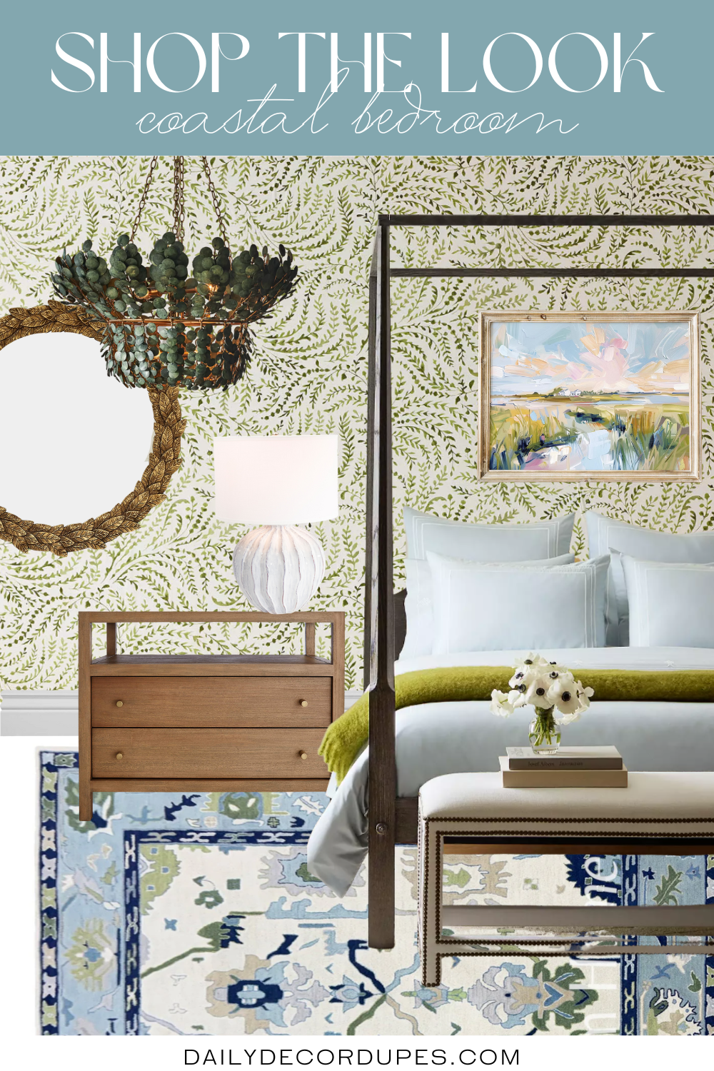 Green and Blue Coastal Bedroom Design Inspiration. inspiration, inspo, idea, ideas,grandmillennial design style, master bedroom, primary bedroom. Dorset Bench with Nailheads. Textured Pot Table Lamp. FINE ART PRINT Lowcountry Marsh Painting, Abstract landscape, beach house, grandmillenial art, Charleston, sky oil painting, pastel colors. Pastel Ushak Area Carpets. Priano Wallpaper. Antique Gold Round Mirror. Large Coconut Chandelier. Solid Driftwood Charging Nightstand. Whitaker Four Poster Bed.