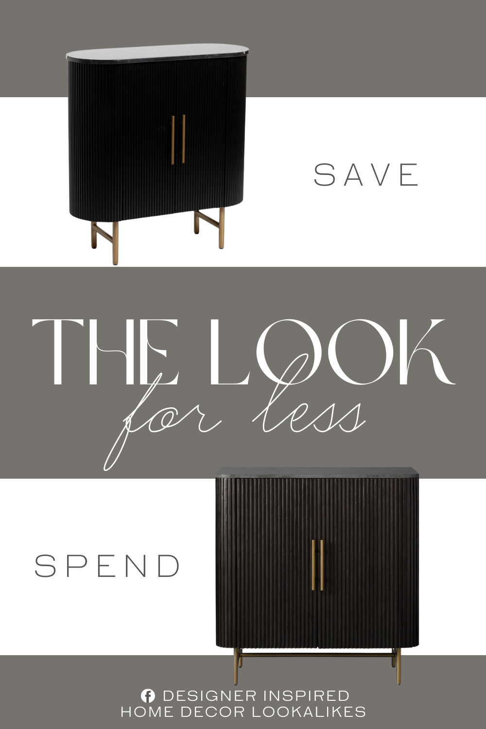 Arhaus Finnley Bar Cabinet Dupe. stone top, reeded accent, rounded edges. gold tone hardware.