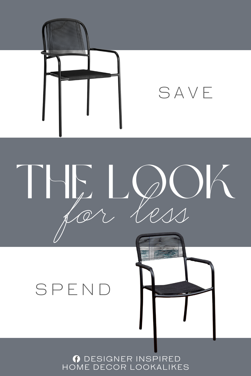 Pottery Barn Garey Rope Outdoor Dining Armchair Dupe. This black patio chair features a curved back with a rod-like design and arms to help you sit in comfort and style. Made with a steel frame in a powder-coated and e-coated finish, this weather-resistant chair is also stackable for convenient, space-saving storage.