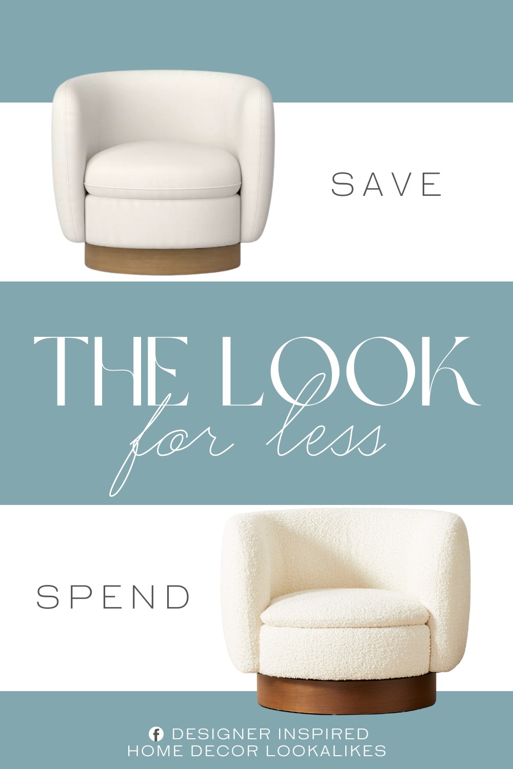 CB2 Muir White Boucle Swivel Chair Dupe. Upholstered swivel accent chair. Cream-color polyester upholstery. Barrel silhouette. Cushioned seat and backrest. Plywood frame. Brown wood base with swivel function.