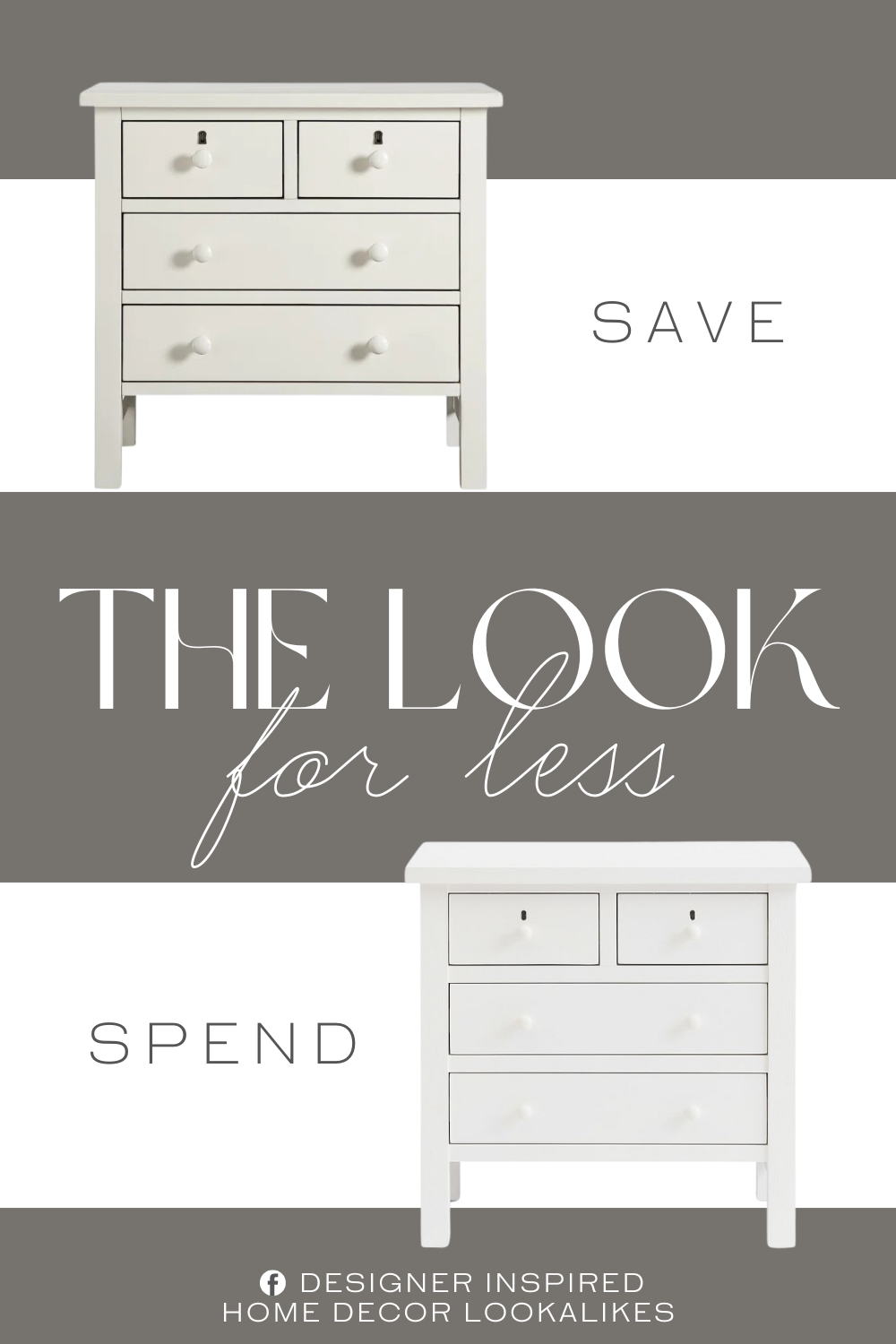 Pottery Barn Farmhouse 4-Drawer Nightstand Dupe. Crafted from a mix of solid and engineered wood, it features a distressed finish for a touch of vintage flair. The rectangular design includes four drawers: two smaller top drawers with faux keyhole accents and two larger bottom drawers for ample storage.