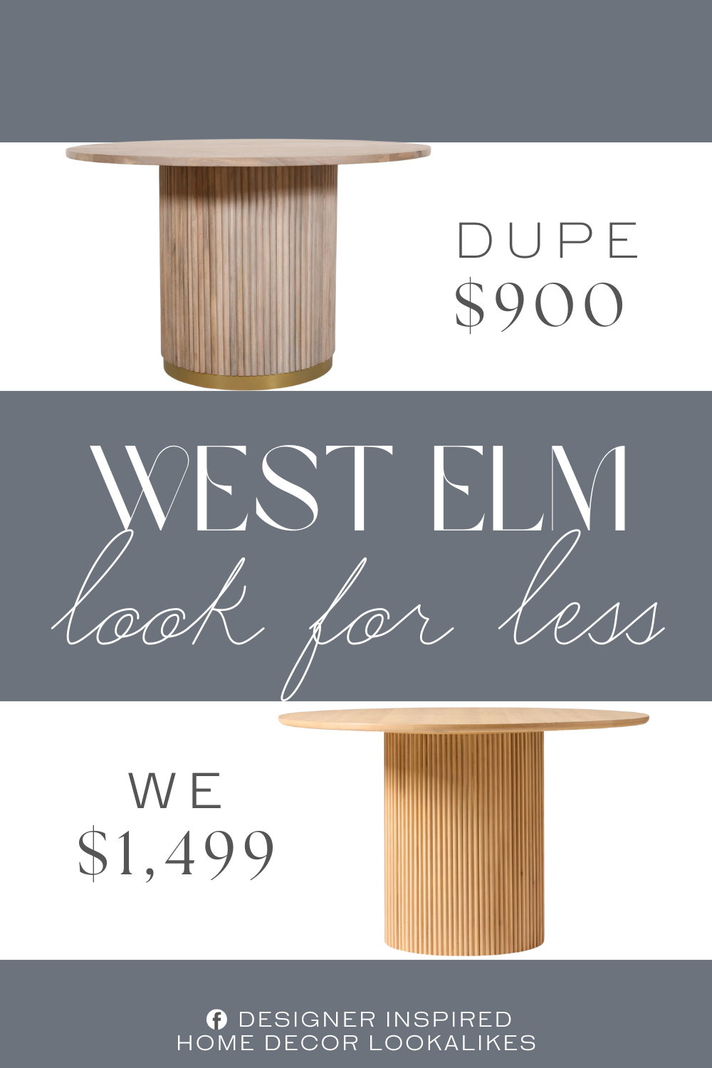 West Elm Ellington Round Dining Table Dupe. It features solid Mango Wood, Natural Finish, Brushed Metal Base, and Fluted Wood Contemporary Design.
