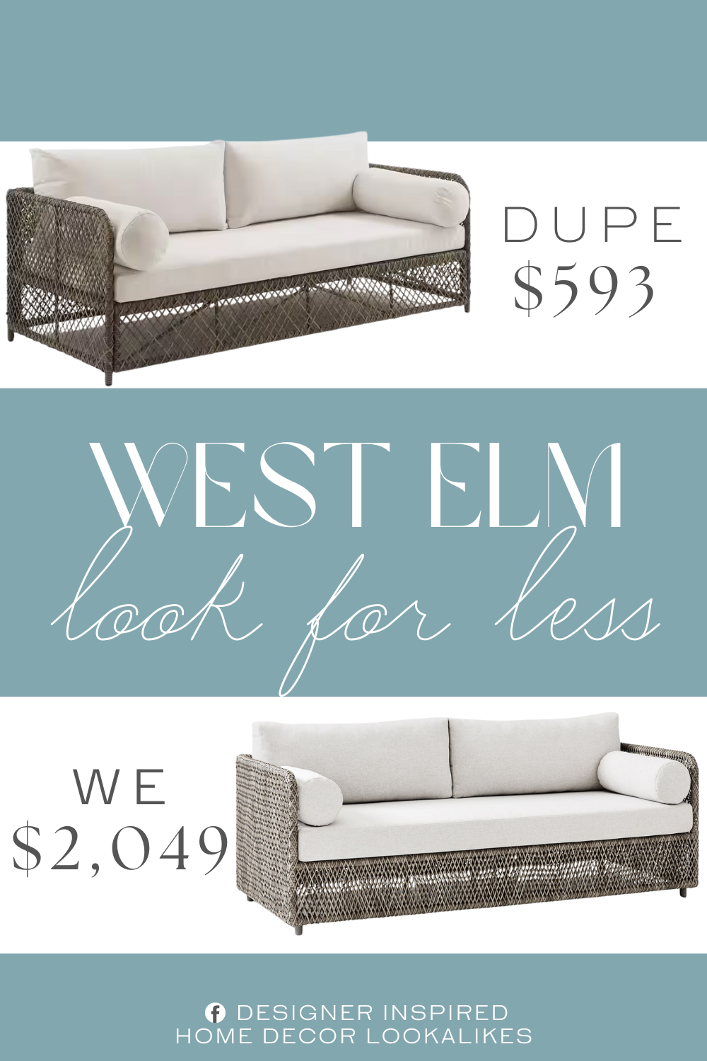 West Elm Coastal Outdoor Sofa Dupe. Handwoven stone resin wicker outdoor furniture. Creme outdoor cushion covers. Weather-resistant powder-coated steel frame. UV resistant all-weather resin wicker.