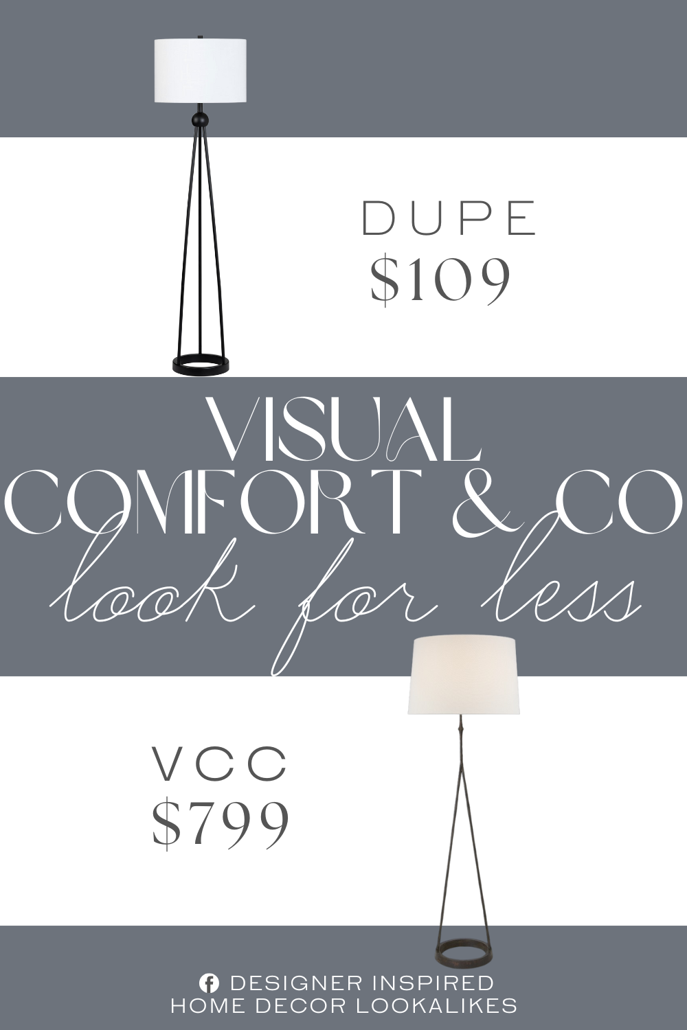 Visual Comfort & Co Dauphine Floor Lamp Dupe. Modern floor lamp with a sleek black metal frame for a sophisticated look. Designed with a sturdy tripod base for both style and stability. Topped with a white drum shade that provides warm, ambient lighting.
