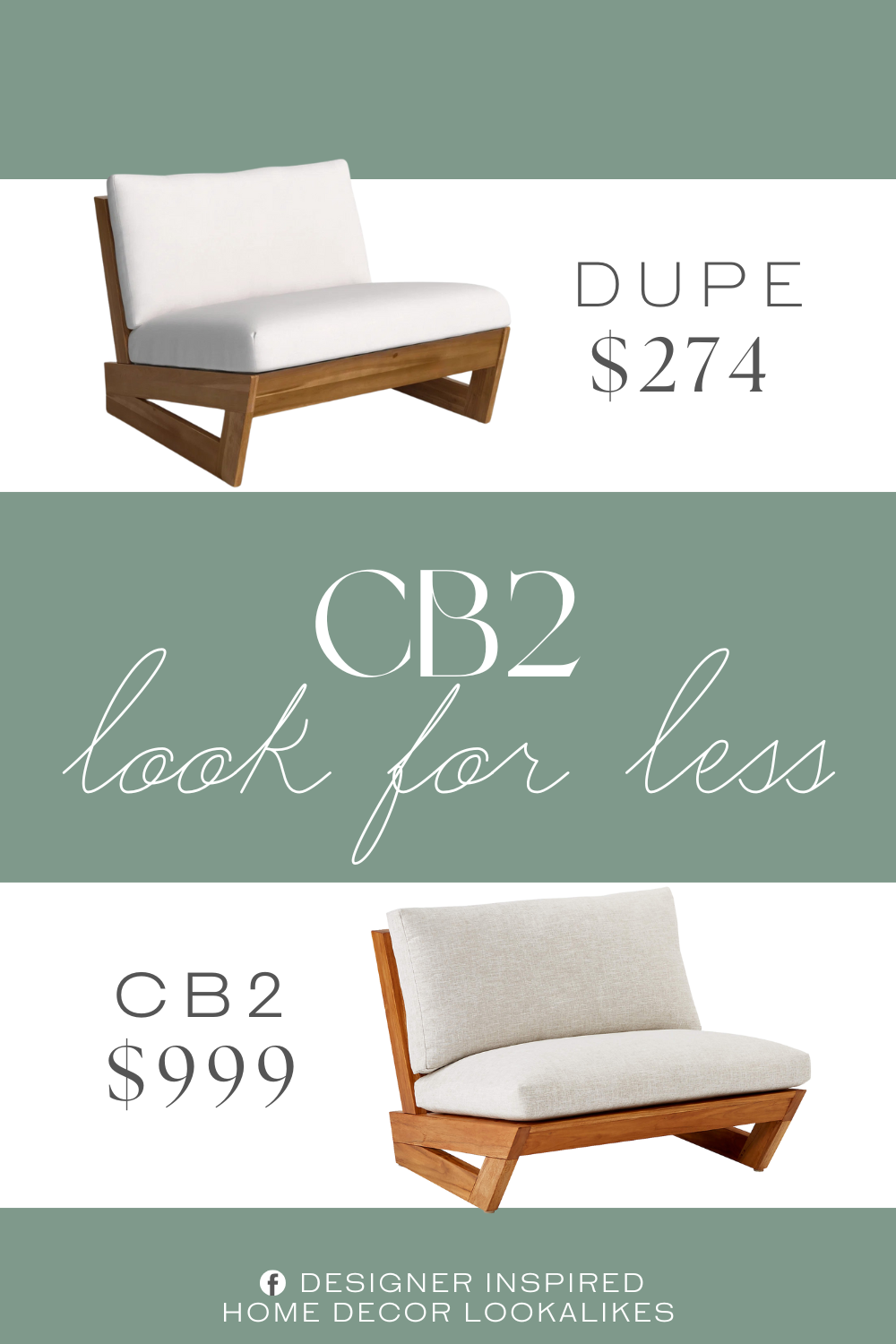 CB2 Sunset Teak Lounge Chair Dupe. The low-profile solid wood frame features a slightly reclined back for a laid-back look. Water-resistant cushions come in a subtle hue that contrasts with the wood's finish.