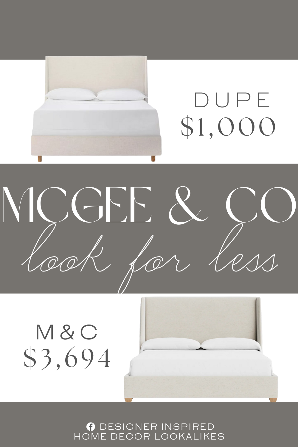 McGee & Co Walt Bed Tall Headboard Dupe. Made with a pine wood and metal frame and featuring wooden legs, this bed has upholstered rails that match the wingback-design upholstered headboard for a cohesive and comfortable look.