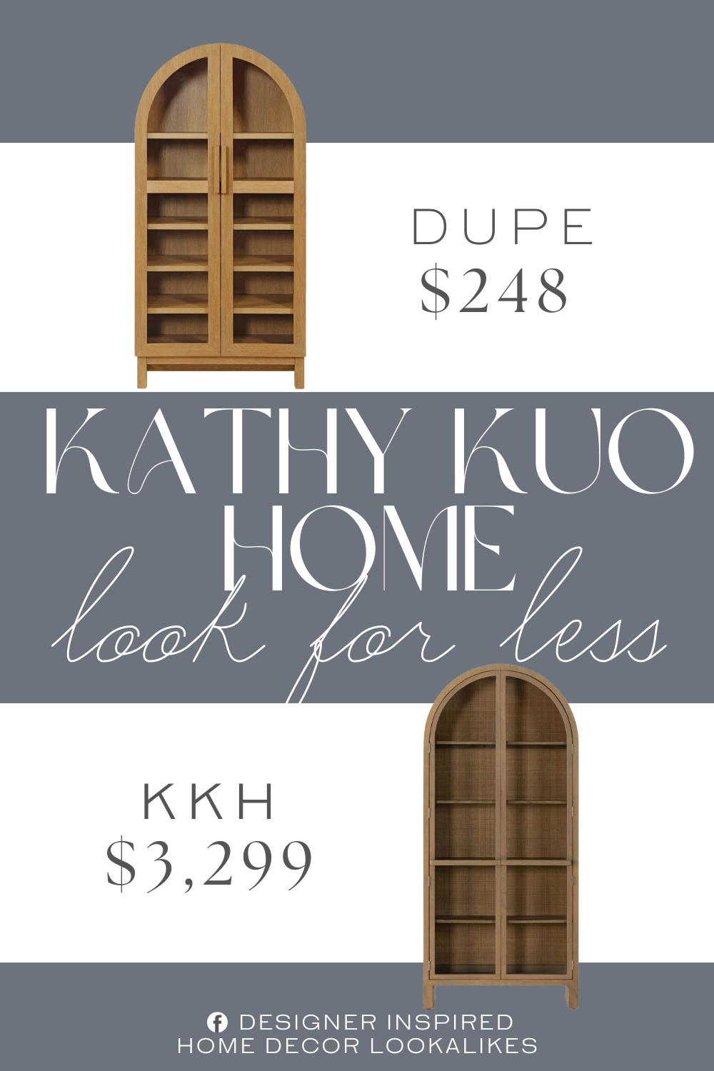 Kathy Kuo Home 2 Glass Door Arched Display Case Dupe. Spacious cabinet for storage and display. Tempered glass doors. Sturdy wood construction. 5 interior shelves (2 fixed and 3 adjustable).