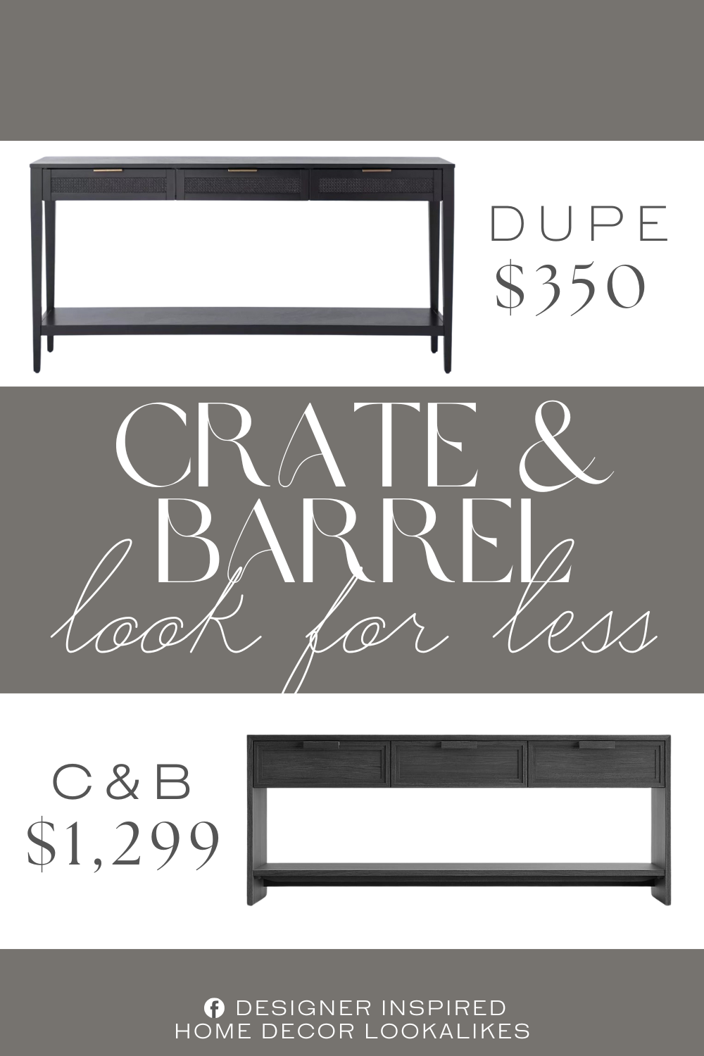 Crate & Barrel Calypso Black Wood Storage Console Table Dupe. This console table is designed in a rectangle shape with multiple drawers showcasing a woven design for added texture and style.