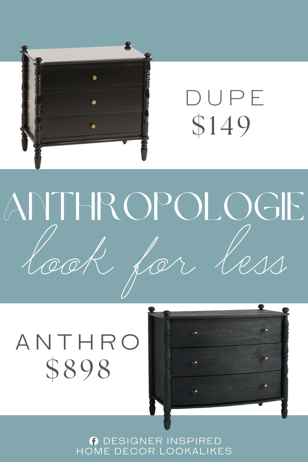 Anthropologie Spindle Three-Drawer Dresser Dupe. 3 drawers for ample storage. painted finish. gold tone hardware.
