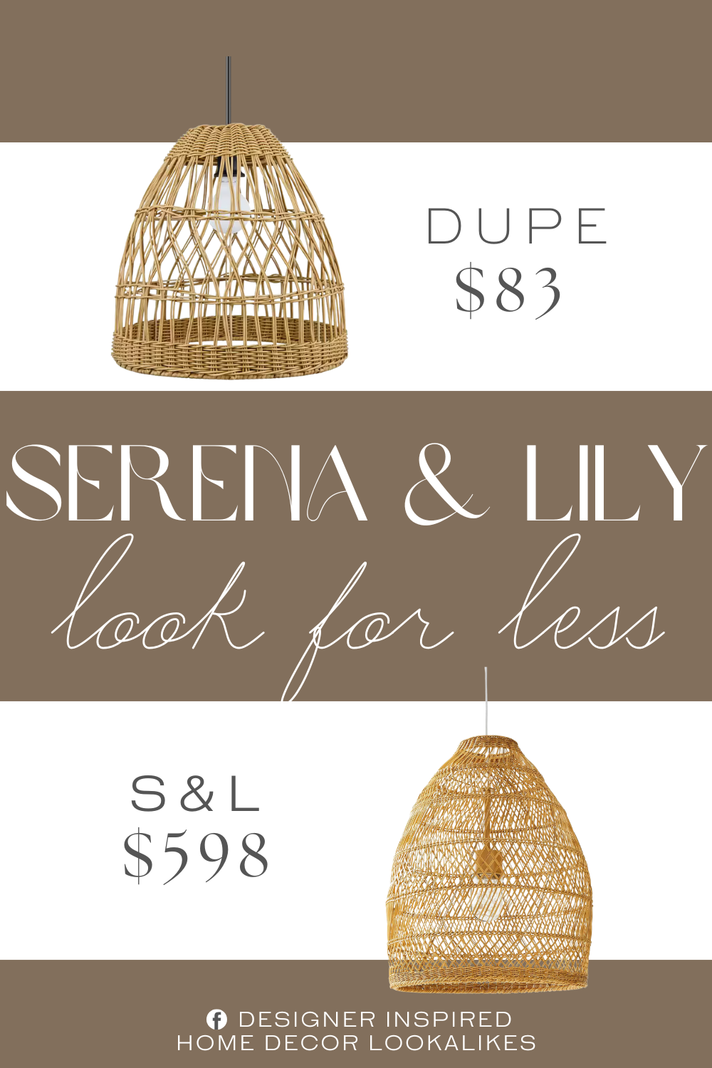Serena & Lily Summerland Outdoor Bell Pendant Dupe. This pendant lamp features a dome shaped powder-coated steel frame wrapped with a natural tan all weather resin wicker in a unique crisscross pattern.