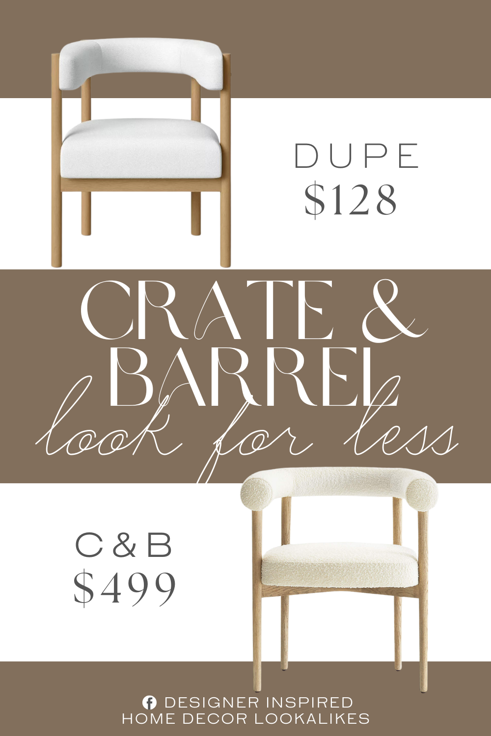 Crate & Barrel Mazz Boucle Dining Chair Dupe. This upholstered armchair has a padded seat and a slender backrest that extends forward, along with cut-out designs at the back and sides to create a clean, airy silhouette.