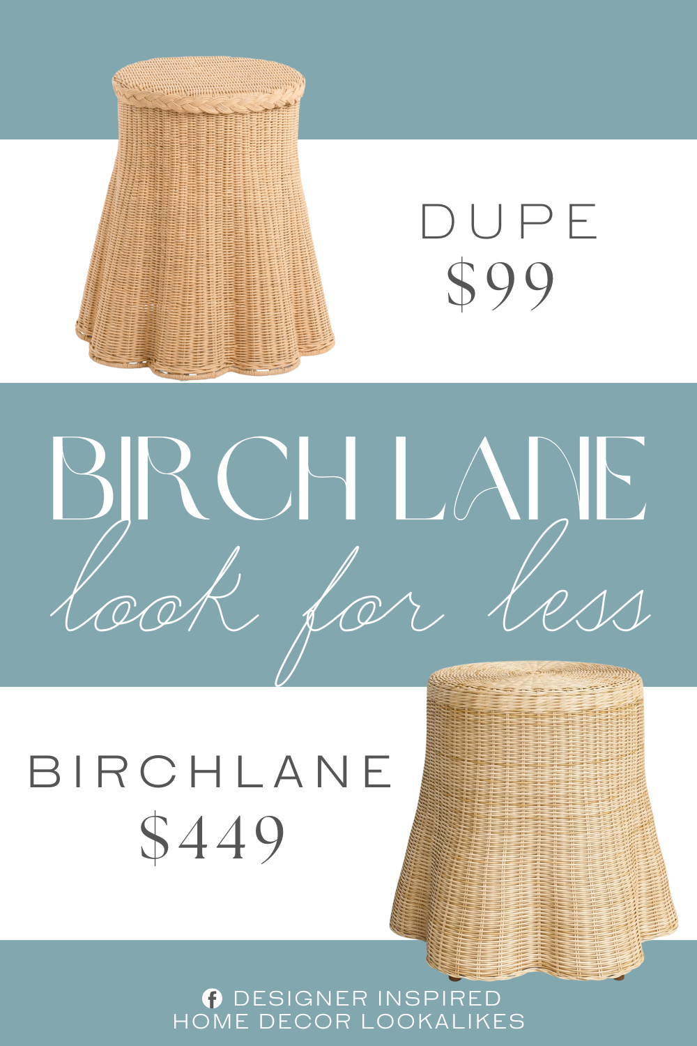 Birch Lane Cabo Woven Rattan End Table Dupe. rattan design, scalloped edges, braided detail.