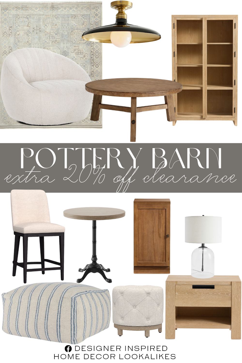 Pottery Barn Memorial Day Clearance. Rustic Farmhouse Round Coffee Table. Farmhouse Metal Flush Mount. Carmencita Striped Pouf. Reed Modular Bar Collection. Aria Glass Dome Table Lamp. Folsom Glass Cabinet. Jake Tufted Swivel Stool. Farmhouse Metal Flush Mount. Merrin Hand-Knotted Wool Rug. Layton Upholstered Stool. Brooks Nightstand. Round Restaurant Dining Table. Calaveres Swivel Chair. Reed Buffet.