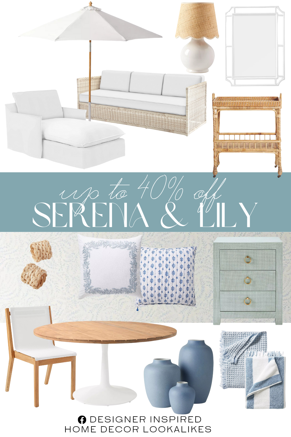 Serena & Lily Memorial Day Sale. Corsica Dining Chairs. Tiburon Dining Table. Sundial Wide Chaise - Slipcovered. South Seas Rattan Side Cart. Priano Wallpaper. Ojai Rattan Mirror. Como Petite Table Lamp. Beachcomber Cotton Throw. Mallorca Beach Towel. Wicker Napkin Ring (Set of 4). Morro Porcelain Vase. Driftway 3-Drawer Nightstand. Pacifica Sofa - Driftwood. Westport Sham.