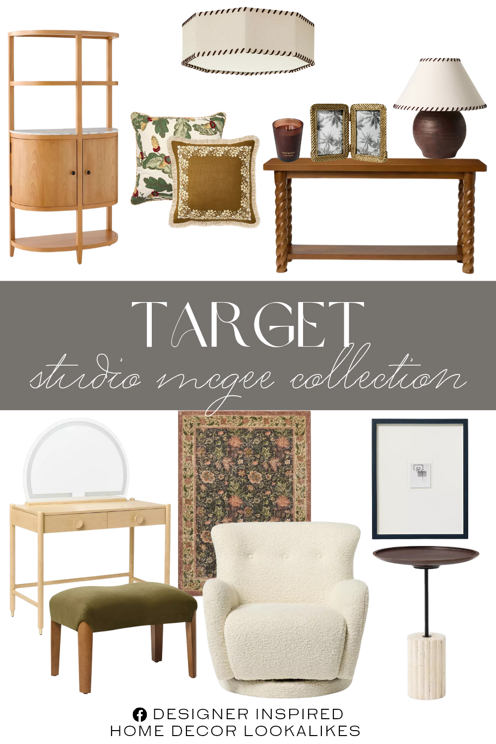 Target Studio McGee Collection. Demi Lune Curved Cabinet with Real Marble Stone. Laguna Nightstand Brown. Vanity with Light Up Mirror and Power Strip. Console Table Braided Legs. Metal Rope Folding Picture Frame Brass. Acorn and Leaf Pillow. Whipstitch Flush Mount. Olive Leaf Embroidered Pillow with Fringe. Large Earthy Table Lamp with Whipstitch Shade. Basketball Hoop Photo Wall Art. Tufted Persian Floral Area Rug. Wood Leg Ottoman Green. Kessler Swivel Chair Cream. Travertine Accent Table with Black Top.