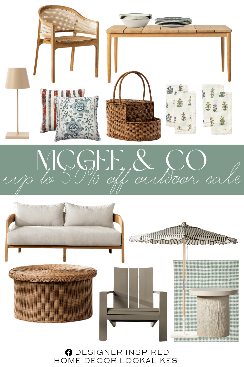 McGee & Co Outdoor Sale. Elowyn Outdoor Dining Table. Triby Gray Outdoor Lounge Chair. Haviland Coffee Table. Granada Green Handwoven Indoor/Outdoor Rug. Vento Outdoor Sofa. Yardley Indoor/Outdoor Pillow. Halcyon Indoor/Outdoor Pillow. The Market Umbrella in Monaco Black Stripe. Alcott Melamine Bowls (Set of 4). Fontaine Melamine Dinner Plates (Set of 4). Elowyn Outdoor Dining Chair. Rattan Wicker Picnic Basket. Malcolm Fiberstone Side Table. Poldina Indoor/Outdoor Table Lamp. Wilkie Floral Napkins (Set of 4).