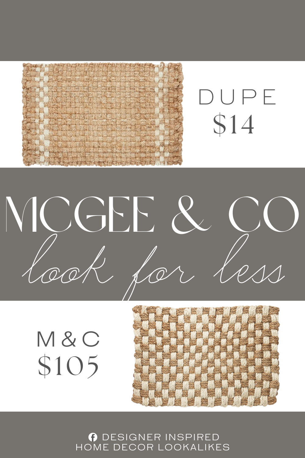 McGee & Co Checker Jute Doormat Dupe. The 18" x 30" jute doormat is handwoven with 100% natural jute fibers , featuring a textured pile and natural colors with white stripes. Its tough surface traps dirt and dust, making it durable for everyday foot traffic .