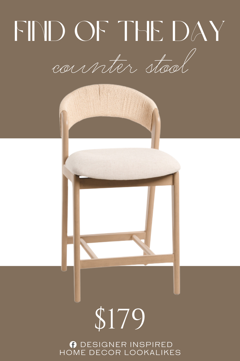 Find of the Day Nya Woven Back Counter Stool. modern design, footrests, cushioned seat, wood base, woven back. wood, fill: polyurethane foam pad/polyester fiber batting.