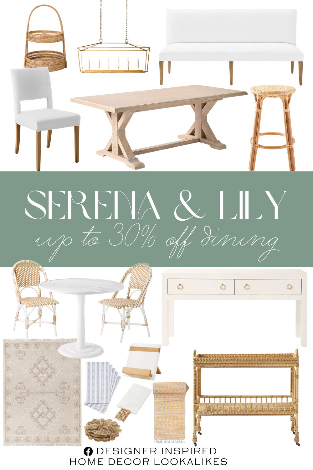 Serena & Lily Dining Sale. Alamere Rug. Kentfield Long Chandelier. Sunwashed Riviera Rattan Backless Counter Stool. Honore Side Chair. Oceana Napkins. Catalonia Coasters (Set of 4). Cabo Table Runner. Outdoor Riviera & Wainscott Bistro Set. Captiva Bar Cart. Tulum Cheese Board. Ives Tiered Server. Woodbury Cookbook Holder. Driftway 2-Drawer Console. Ross Dining Bench.