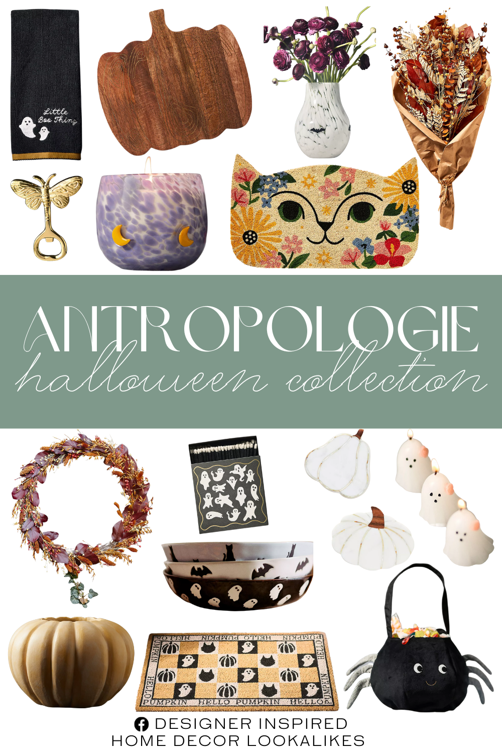 Anthropologie Halloween Collection. Preserved Salal, Phalaris + Flax Pod Bouquet. Ceramic Pumpkin Planter. Catherine Martin Midnight Creatures Brass Bottle Opener. Mon Ami Halloween Kids Bag. Wood Inlay Pumpkin Cheese Board. Mystic Confetti Moon Icon Roasted Coffee & Hazelnut Glass Candle. Mystic Icon Matchbox. Ginnie Cat Doormat. Hello Pumpkin Halloween Checkered Printed Coir Doormat. Marble Pumpkin Coaster. Halloween Icon Cotton Hand Towel Collection. The Spooky Icon Confetti Glass Vase. Vida Icon Pasta Bowl: Halloween Edition. Ghost Shaped Decorative Wax Candles, Set of 3. Preserved Oat + Flax Wreath.