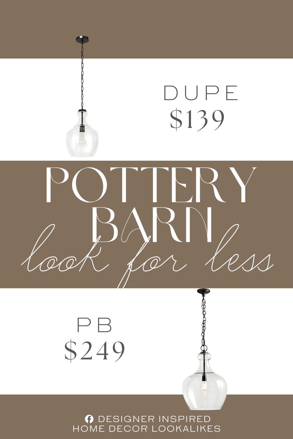 Pottery Barn Flynn Recycled Glass Pendant Dupe. It's made from metal and has a glass teardrop-inspired schoolhouse shade for a traditional silhouette with a modern flair.