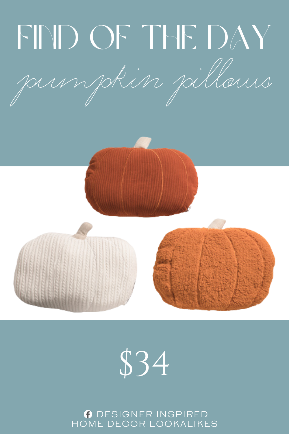 Find of the Day Mixed Fabric Pumpkins Pillows. set of 3 decorative pillows, soft fabric, textured, pumpkin motif. polyester, fill: recycled polyester
