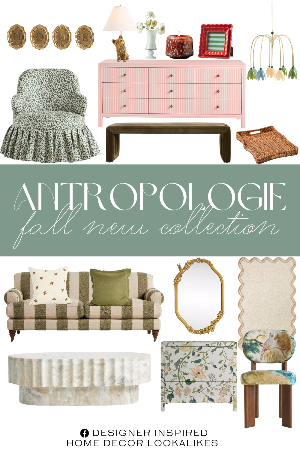 Anthropologie New Fall Collection. Jolie Oval 44" Marble Coffee Table. Alexander Velvet Bench. Lorelei Irena Accent Chair. Cecilia Willoughby Bouclé Two-Cushion Sofa. Merve Kahraman Floral Glass Chandelier. Velvet Corduroy Embroidered Icon Pillow. The Icon Table Lamp: Dog Edition. Louisa Monogram Gallery Wall Charm. Hale Canvas Nine-Drawer Dresser. Luxe Linen Blend Pillow. Tufted Wool Scalloped Border Rug. Maeve Scalloped Stoneware Picture Frame. The Gather Candle by Anthropologie: Honeycrisp Oakwood. Leah Judarn Dining Chair. Luisa Petite Gallery Wall Mirror. Bristol Glass Bud Vase.