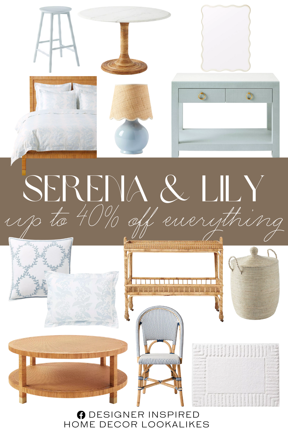 Serena & Lily Labor Day Sale. La Jolla Basket. Southampton Dining Table. Balboa Rattan Coffee Table. Hathaway Pillow Cover. Driftway Wide Nightstand. Priano Wallpaper. Guerneville Bath Mat. Lily of the Valley Duvet Cover. Reed Backless Counter Stool. Wave Mirror. South Seas Rattan Bar Cart. Riviera Rattan Dining Chair. Lily of the Valley Sham. Como Petite Table Lamp.