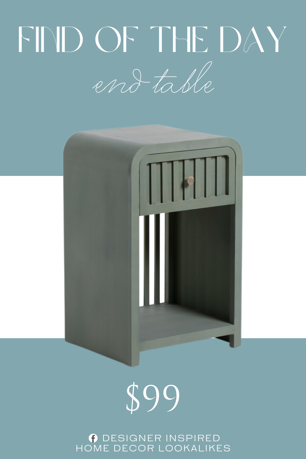 Find of the Day 1 Drawer Wooden End Table. fluted details, 1 drawer and 1 shelf for ample storage, cut out accents. gold tone hardware.