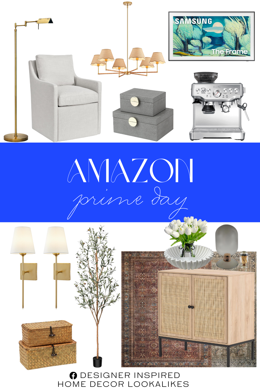 Amazon Prime Day. Upholstered Dining Chair. Dimmable LED Pharmacy Floor Lamp. Artificial Olive Tree. Boho Rattan Chandelier. Faux Leather Jewelry Boxes. Wall Sconces Sets of 2. Espresso Machine. Samsung 43-Inch Smart TV. Vintage Inspired Area Rug. Concrete Decorative Bowl. Sideboard Buffet Cabinet. Glass Cloche Jar. Set of 2 Wicker Basket with Lid. White tulips artificial flowers.
