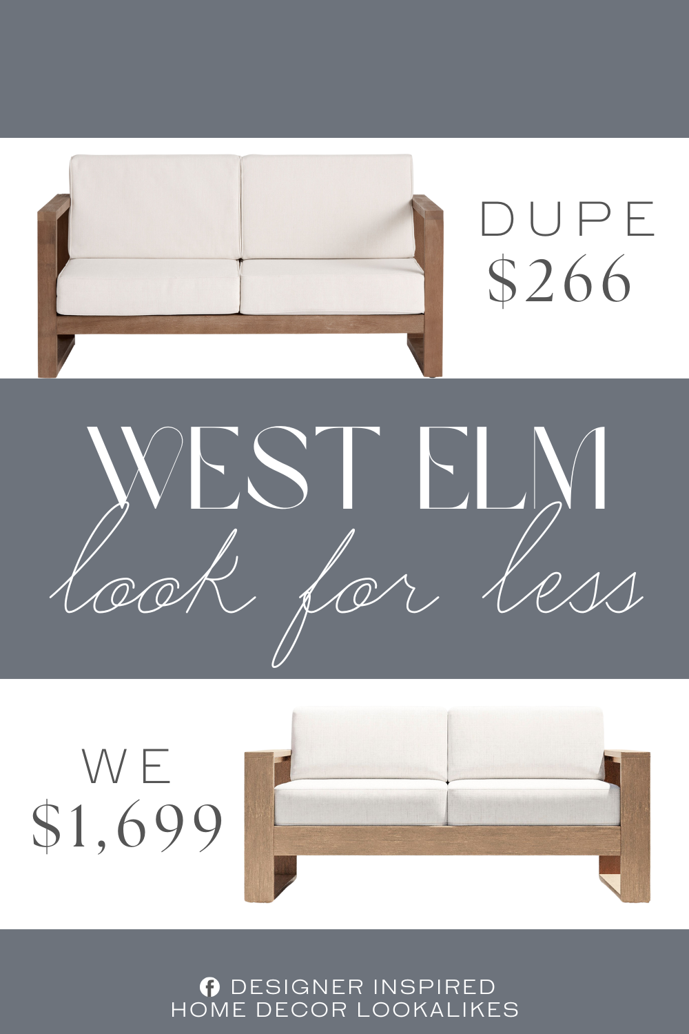 West Elm Portside Outdoor Sofa Dupe. Made of eucalyptus wood with washed light brown finish and 100% spun polyester cushions.