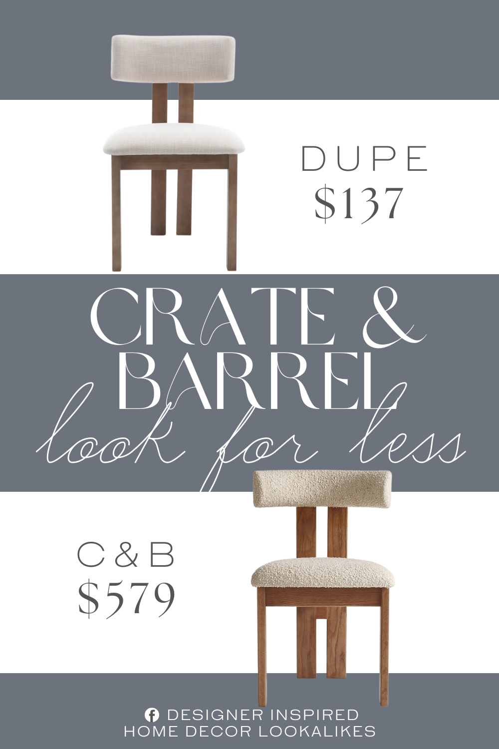 Crate & Barrel Ceremonie Natural Boucle Dining Chair Dupe. It features armless design, unique legs, foam cushion upholstery, and ergonomically curved backrest provide you comfortable seat feeling.
