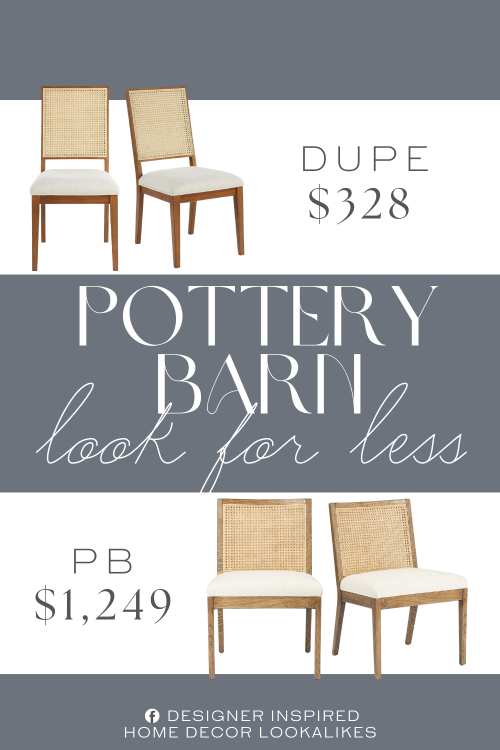 Pottery Barn Lisbon Cane Dining Chair Dupe. Solid Wood Walnut Finish. Soft Cream Linen Textured. Natural Cane Back. Mid-Century Design.