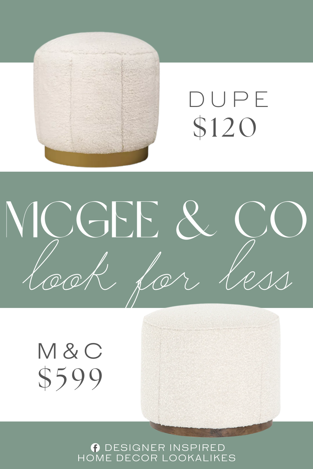 McGee & Co Dawson Ottoman Dupe. Round pouf ottoman with brass base. Cream channel tufted upholstery. Padded seat for comfortable sitting.
