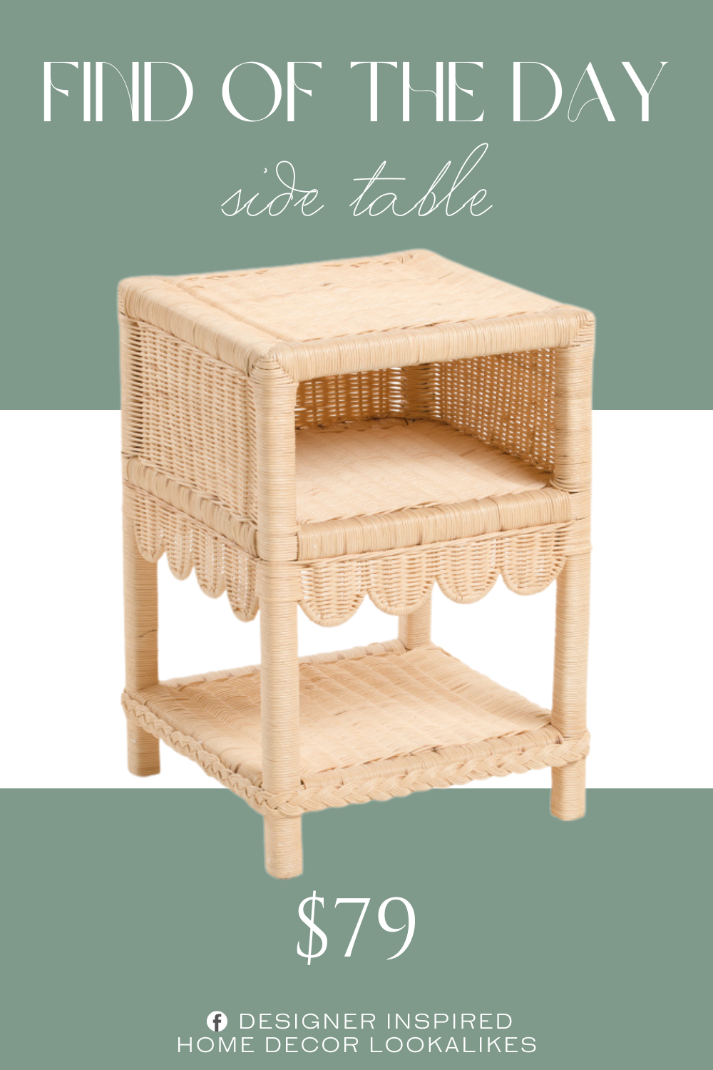 Find of the Day Rattan Scalloped Side Table. woven design, 1 storage compartment, 1 shelf for ample storage, scalloped trim. rattan.